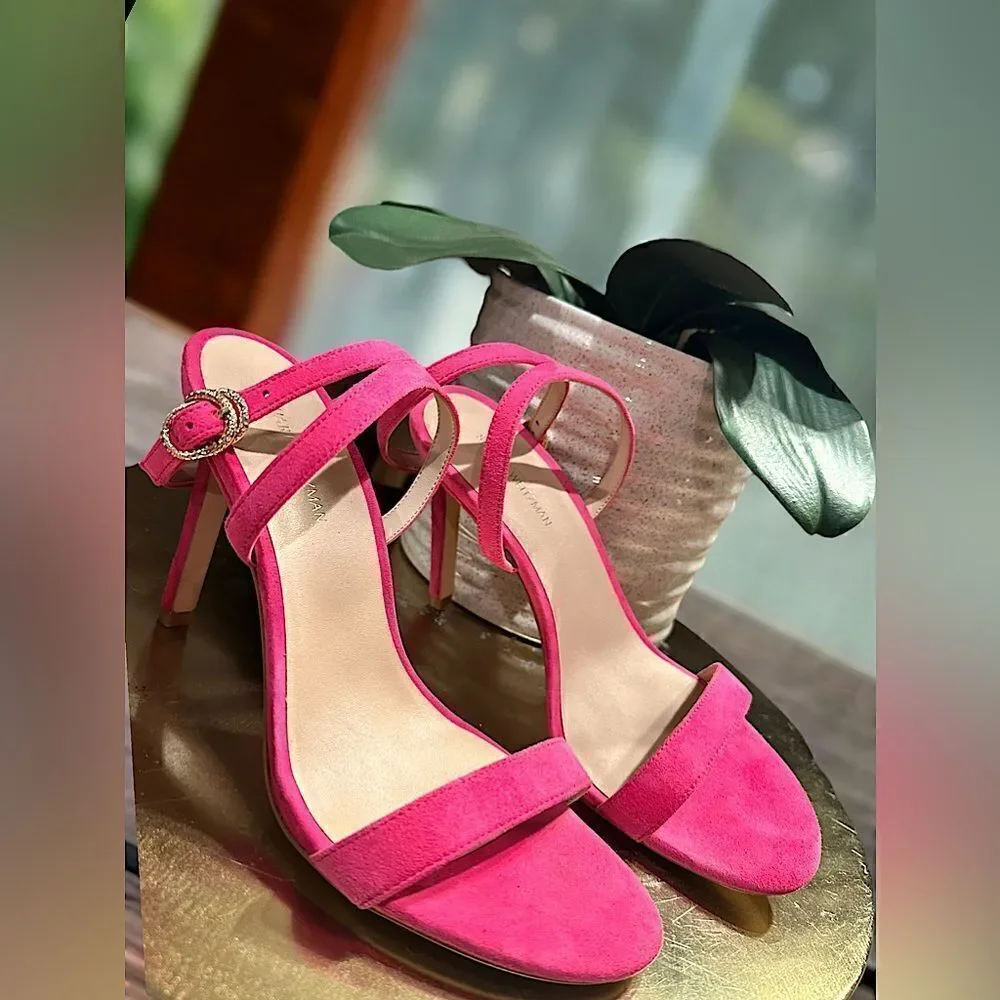 Stuart Weitzman Crystal Buckle 95 Suede Sandal Heels Size 8.5